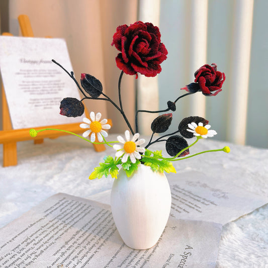Handmade Micro Crochet Wine Red Black Rose Bouquet with White Daisies in Vase, Miniature Realistic Fake Flowers, One-of-a-Kind Textile Art, Artificial Yarn Plants for Home Office Table Decor - The Bloom Crafter