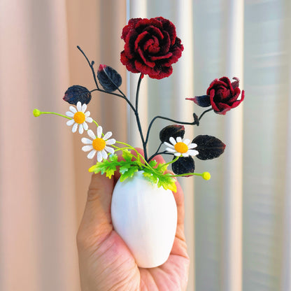 Handmade Micro Crochet Wine Red Black Rose Bouquet with White Daisies in Vase, Miniature Realistic Fake Flowers, One-of-a-Kind Textile Art, Artificial Yarn Plants for Home Office Table Decor - The Bloom Crafter