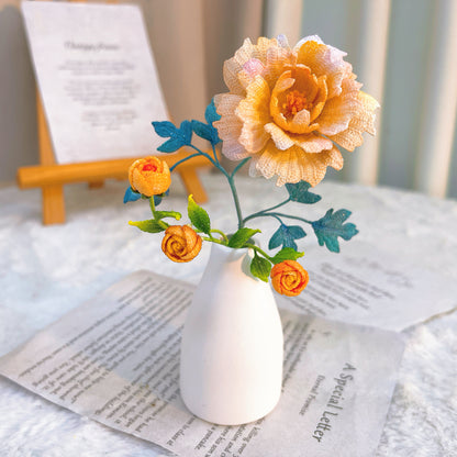 Small white vase with decorative micro crochet flowers 