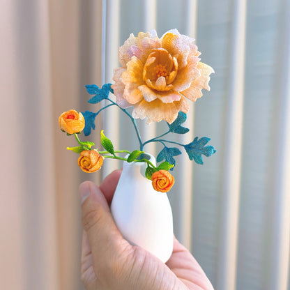 [Limited] Handmade Micro Crochet Rose Arrangement in Vase, Miniature Flowers, One-of-a-Kind Textile Artificial Art Yarn Plants for Home Office Table Decor, Allergy-Free Gift for Her Mom Wife, Valentine's Day Birthday Anniversary Mother's Day - The Bloom Crafter