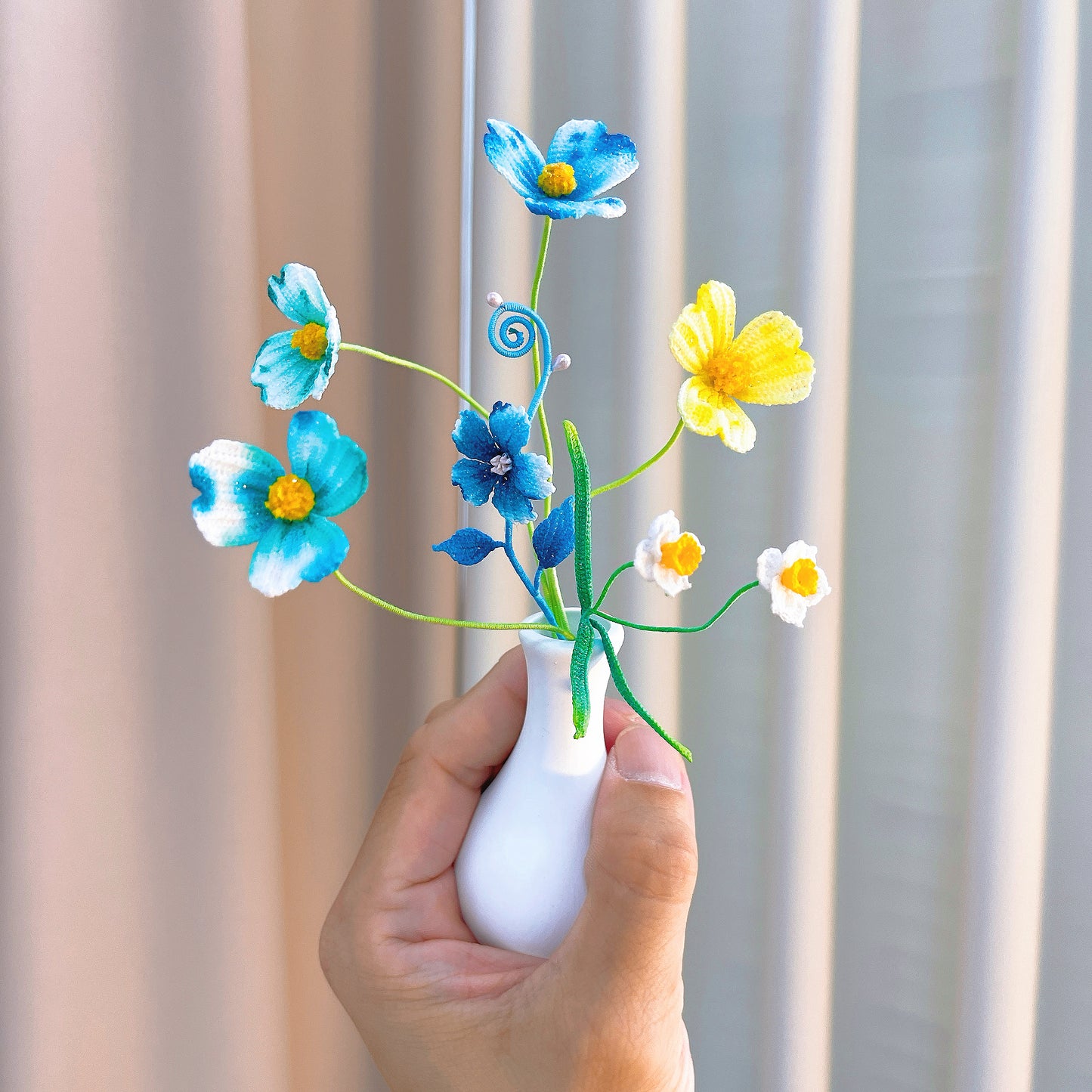 [Limited] Handmade Micro-Crochet Wildflower Series with Small Vase, Miniature Blue Green Yellow Flowers, One-of-a-Kind Textile Art, Home Office Table Decor - The Bloom Crafter