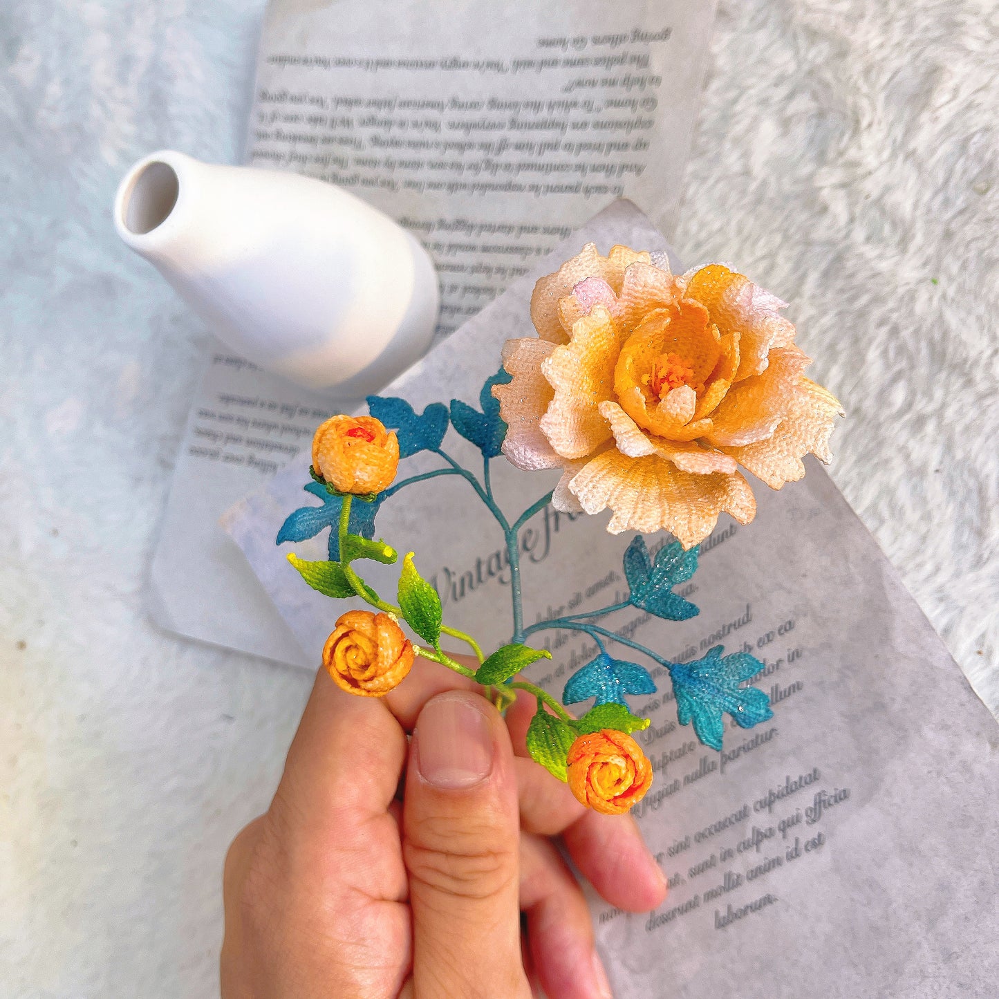 [Limited] Handmade Micro Crochet Yellow Rose Arrangement in Vase, Miniature Flowers, One-of-a-Kind Textile Artificial Art Yarn Plants for Home Office Table Decor, Allergy-Free Gift for Her Mom Wife, Valentine's Day Birthday Anniversary Mother's Day - The Bloom Crafter