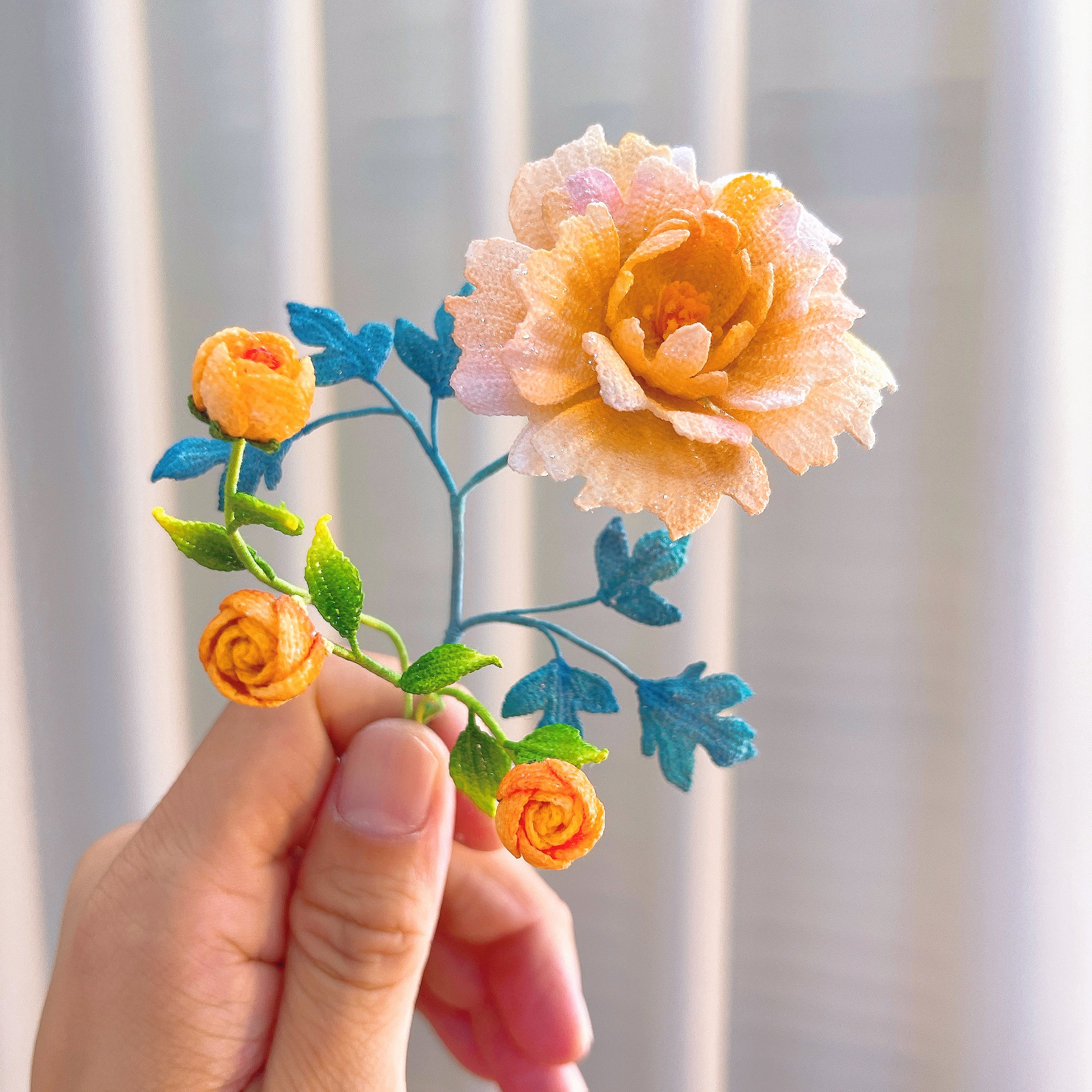 [Limited] Handmade Micro Crochet Yellow Rose Arrangement in Vase, Miniature Flowers, One-of-a-Kind Textile Artificial Art Yarn Plants for Home Office Table Decor, Allergy-Free Gift for Her Mom Wife, Valentine's Day Birthday Anniversary Mother's Day - The Bloom Crafter