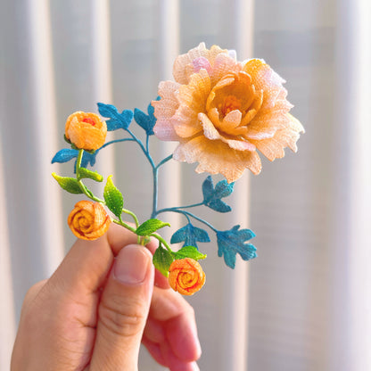 [Limited] Handmade Micro Crochet Yellow Rose Arrangement in Vase, Miniature Flowers, One-of-a-Kind Textile Artificial Art Yarn Plants for Home Office Table Decor, Allergy-Free Gift for Her Mom Wife, Valentine's Day Birthday Anniversary Mother's Day - The Bloom Crafter