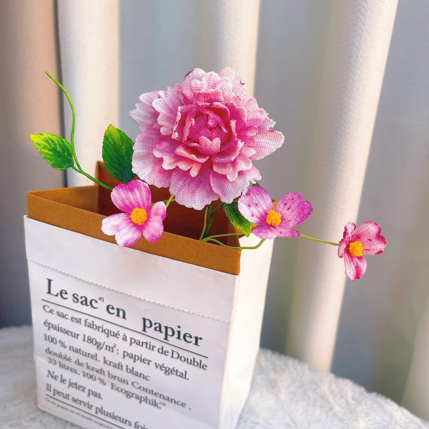[Limited] Handmade Micro Crochet Hand Dyed Pink Rose Arrangement with Daisies in Vase, Miniature Flowers, One-of-a-Kind Textile Yarn Plants for Home Office Table Decor - The Bloom Crafter