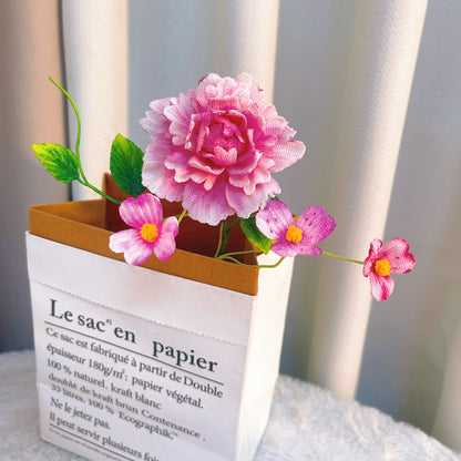 [Limited] Handmade Micro Crochet Hand Dyed Pink Rose Arrangement with Daisies in Vase, Miniature Flowers, One-of-a-Kind Textile Yarn Plants for Home Office Table Decor - The Bloom Crafter