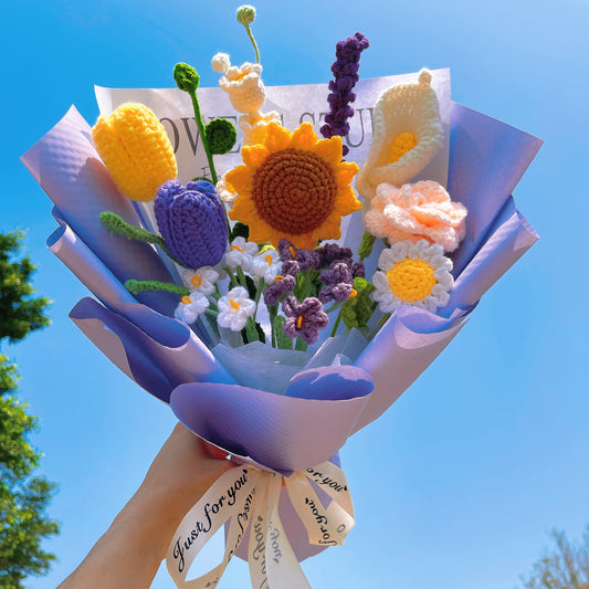 Blooming Artistry: Handcrafted Crocheted Lavender Mixed Bouquet - A Vibrant Tapestry of Love and Celebration - Lavender, Roses, Daisies, Forget-me-nots, Tulips - The Bloom Crafter