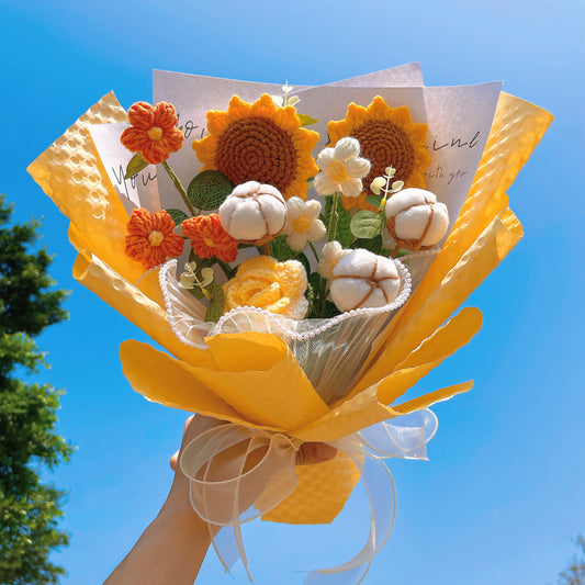 Golden Sunshine: Handmade Crocheted Yellow Bouquet - Sunflowers, Pom-poms, Cotton, Roses - The Bloom Crafter