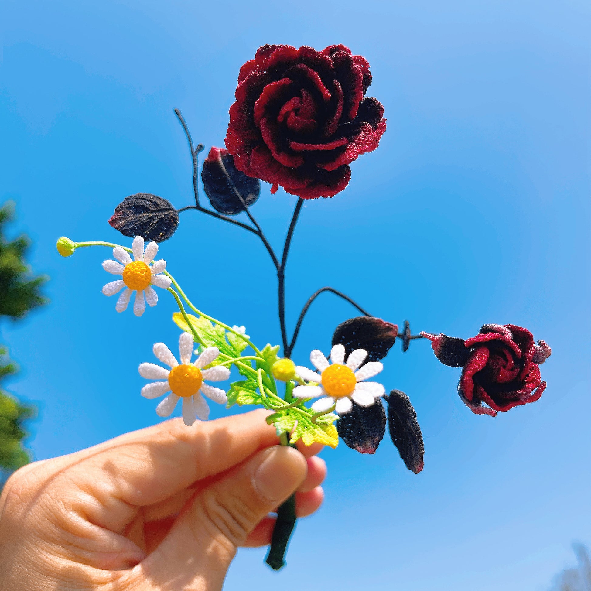 [Limited] Handmade Micro Crochet Red Black Burgundy Rose Arrangment with White Daisies in Vase, Miniature One-of-a-Kind Textile Art Artificial Yarn Flowers for Home Office Table Decor - The Bloom Crafter