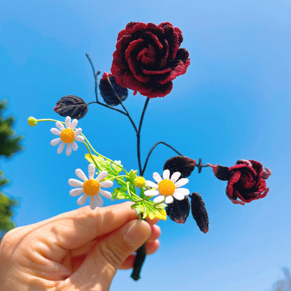 [Limited] Handmade Micro Crochet Red Black Burgundy Rose Arrangment with White Daisies in Vase, Miniature One-of-a-Kind Textile Art Artificial Yarn Flowers for Home Office Table Decor - The Bloom Crafter