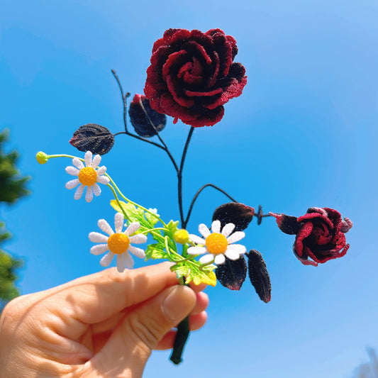 [Limited] Handmade Micro Crochet Red Black Burgundy Rose Arrangment with White Daisies in Vase, Miniature One-of-a-Kind Textile Art Artificial Yarn Flowers for Home Office Table Decor - The Bloom Crafter