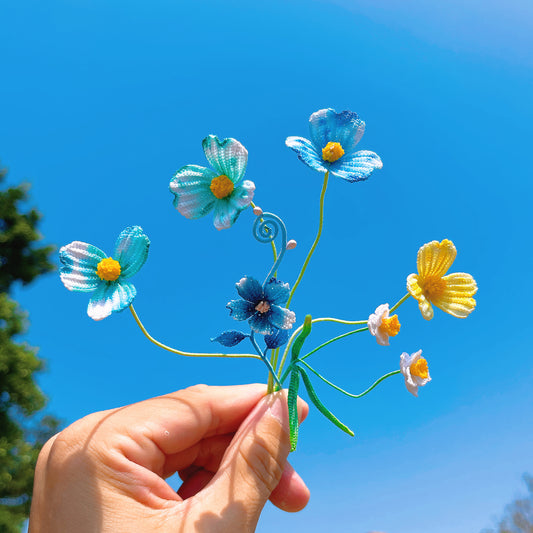 [Limited] Handmade Micro-Crochet Wildflower Series with Small Vase, Miniature Blue Green Yellow Flowers, One-of-a-Kind Textile Art, Home Office Table Decor - The Bloom Crafter