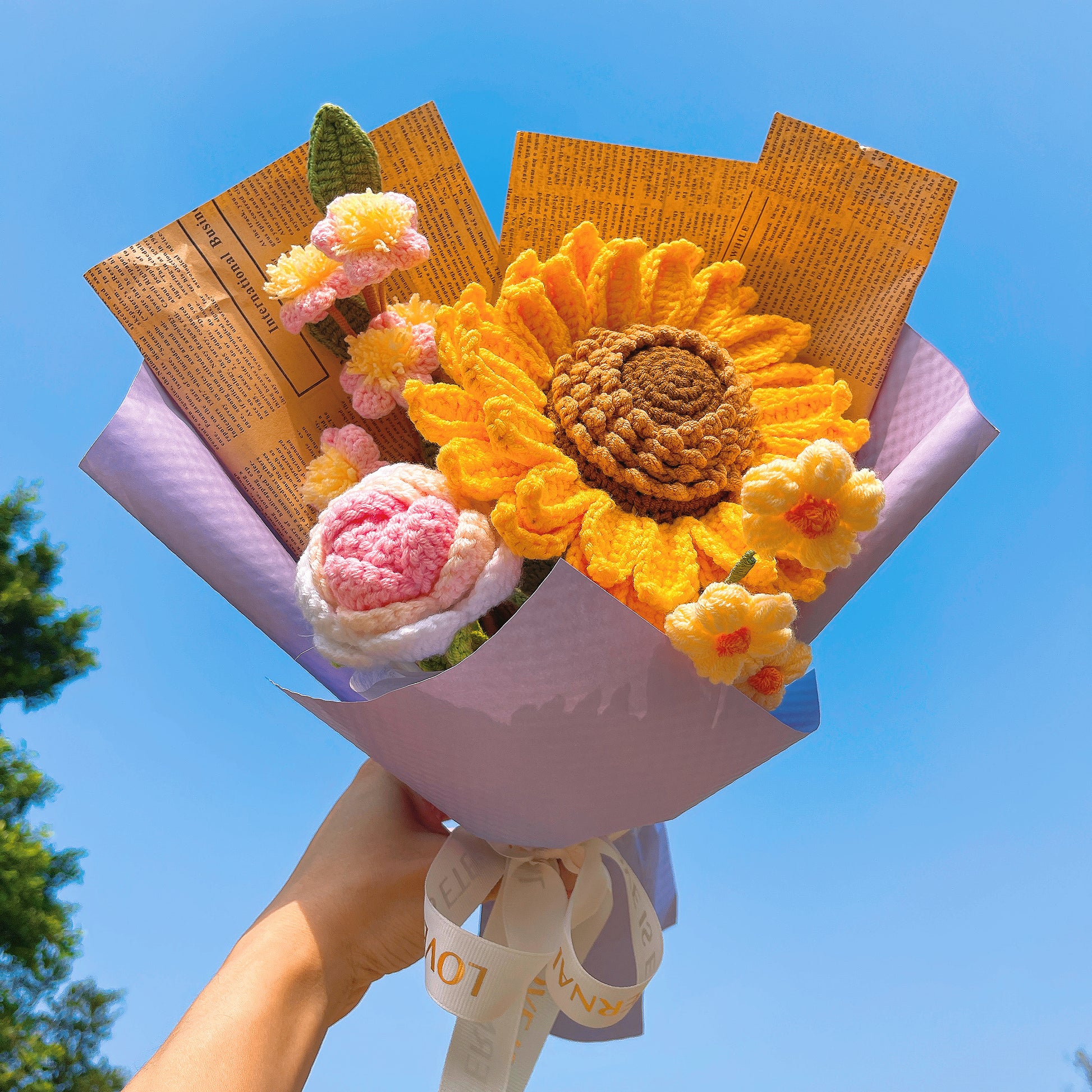 Handmade Crocheted Sunshine and Bliss Flower Bouquet - Sunflowers, Peach Blossoms, Pom-poms, Roses, Gift for Special Someone Birthday Anniversary - The Bloom Crafter