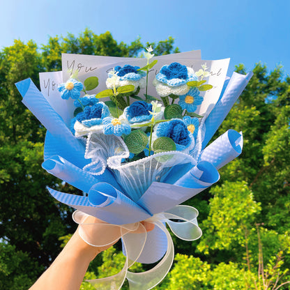 Handmade Crocheted Blue Roses and Puff Flower Bouquet - The Bloom Crafter