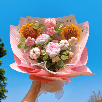 Floral Symphony: Handmade Crocheted Flower Bouquet in Pink - Sunflowers, Tulips, Puffs, Roses, and Cotton - An Exquisite Gift for Mother's Day, Weddings, or Valentine's Day - The Bloom Crafter