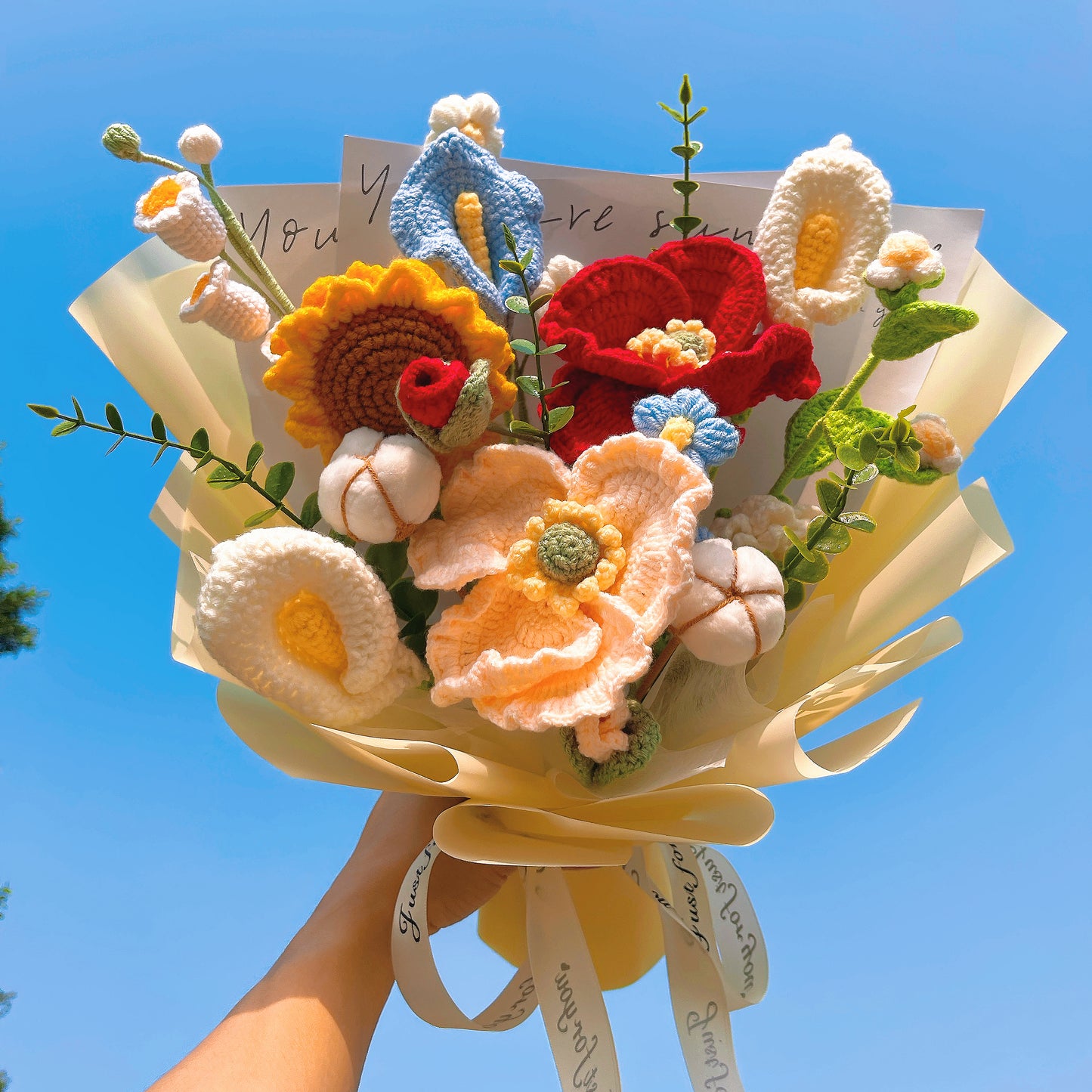 Handcrafted Beauty Yu Crocheted Bouquet - Mix of Red & Pink Dahlias, White & Blue Calla Lilies, Peonies, Cotton, Sunflowers, Gardenias, & White Lily of the Valley. Perfect for Any Occasions Loved Ones - The Bloom Crafter