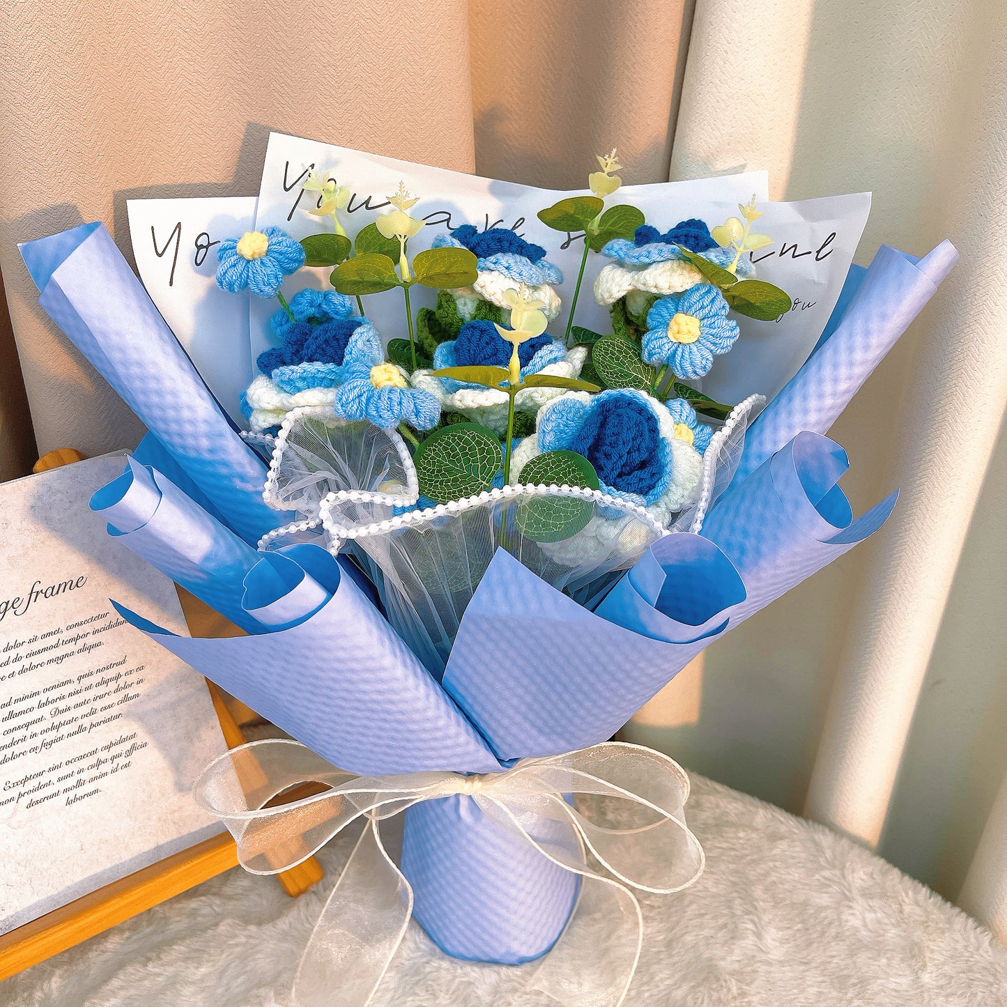 Handmade Crocheted Blue Roses and Puff Flower Bouquet - The Bloom Crafter