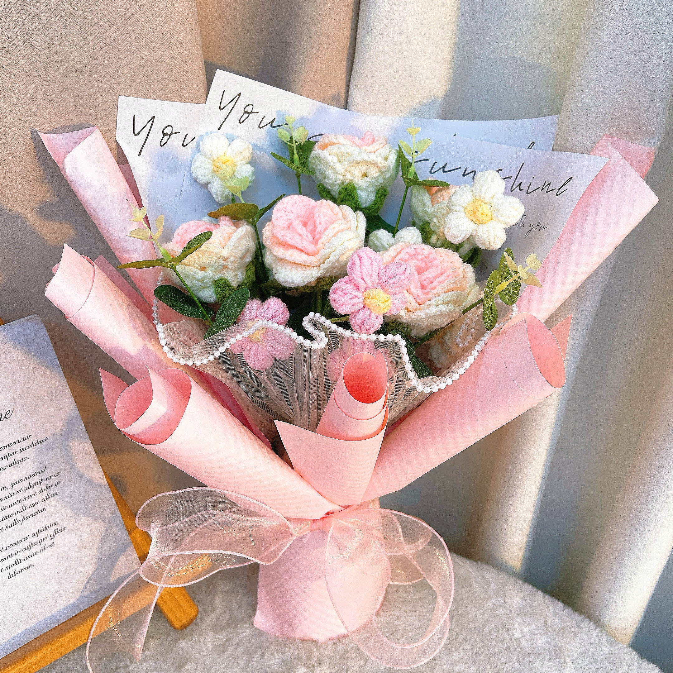 手編み 手作りかぎ針編み 花束 桜色バラブーケ「愛の花びら