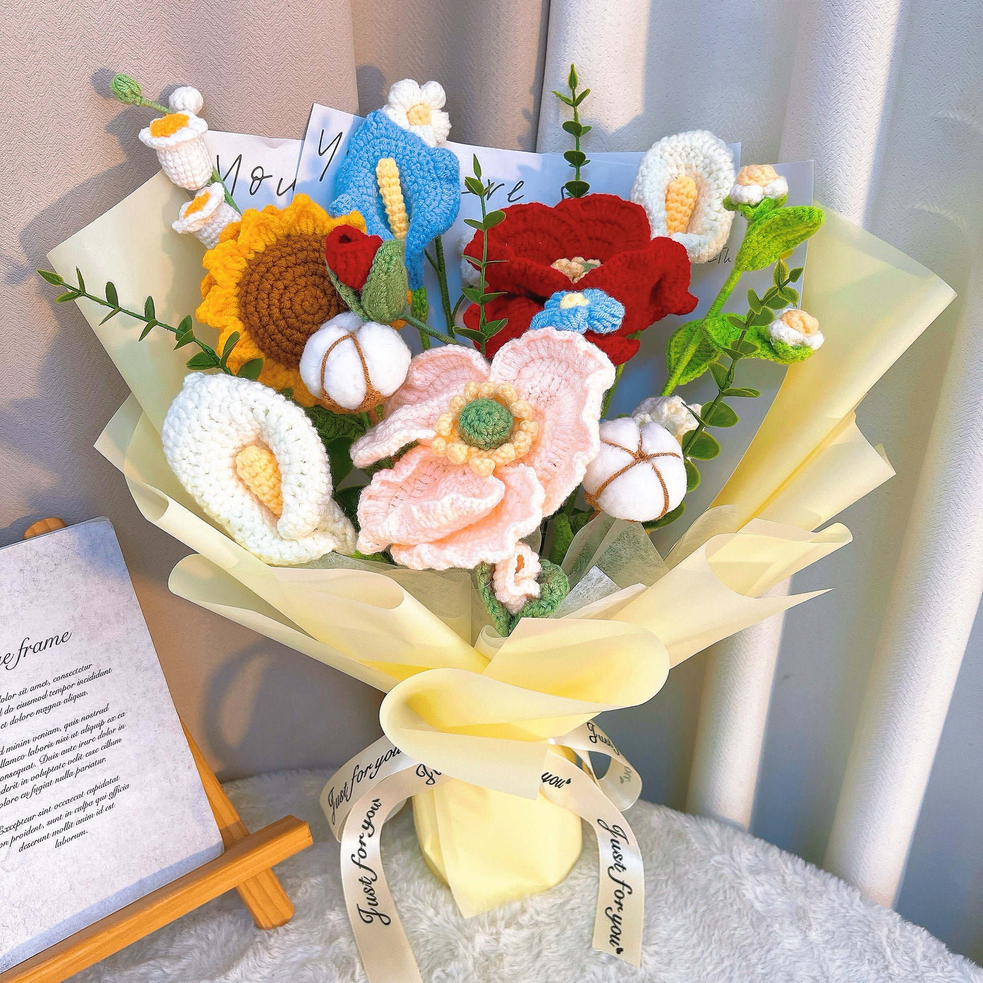 Handcrafted Beauty Yu Crocheted Bouquet - Mix of Red & Pink Dahlias, White & Blue Calla Lilies, Peonies, Cotton, Sunflowers, Gardenias, & White Lily of the Valley. Perfect for Any Occasions Loved Ones - The Bloom Crafter