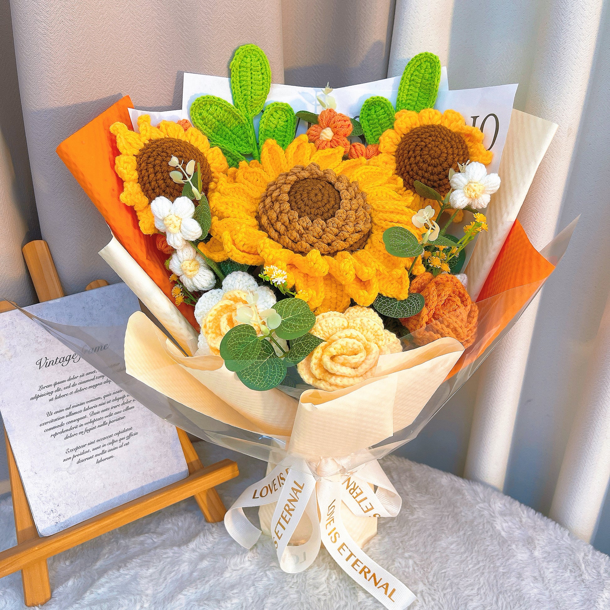 Crochet Sunflower, Rose, and Greenery Bouquet - Yellow and Orange Floral Arrangement for Home Decor, Gifts, Weddings, Birthdays, Holidays, Confession Apology - The Bloom Crafter