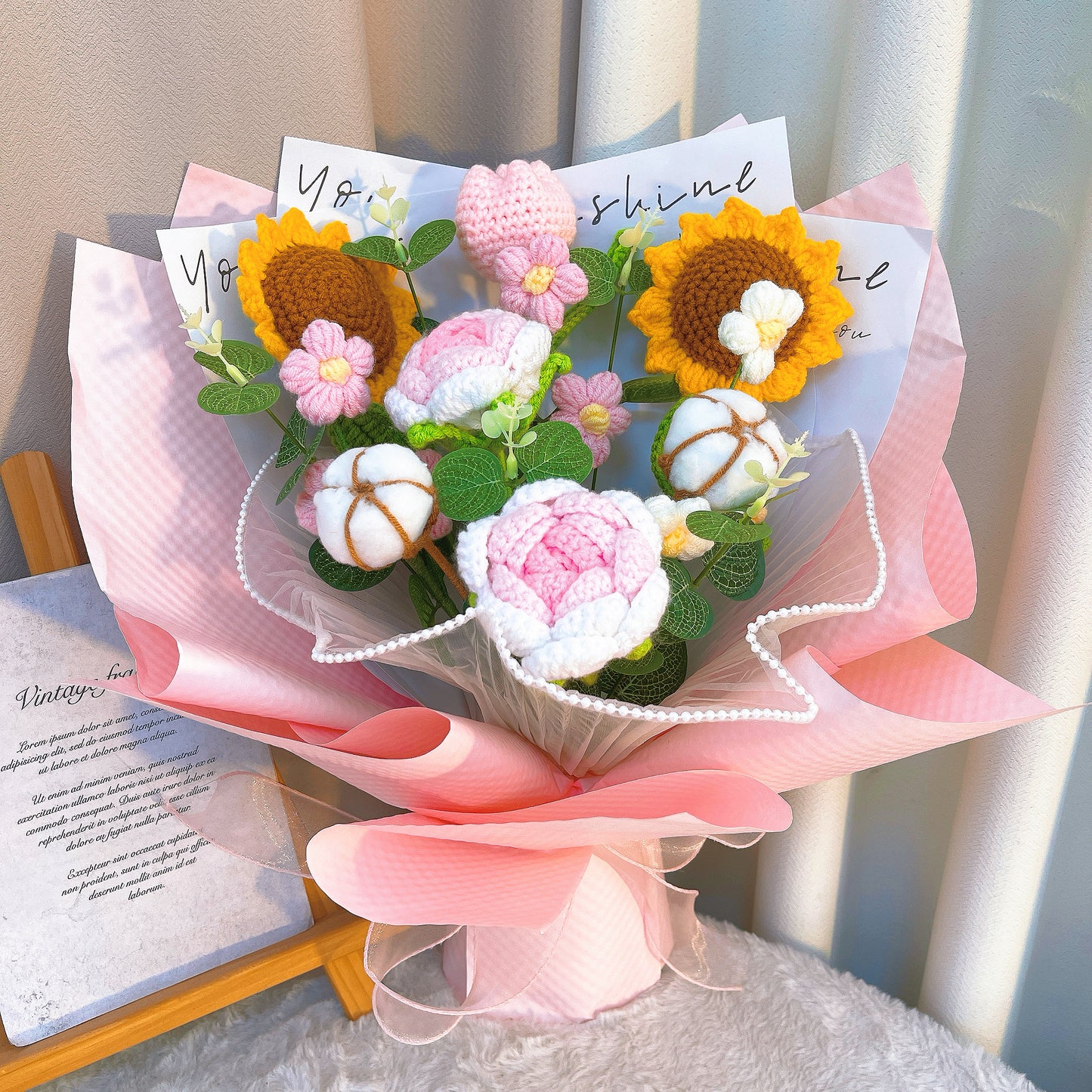 Floral Symphony: Handmade Crocheted Flower Bouquet in Pink - Sunflowers, Tulips, Puffs, Roses, and Cotton - An Exquisite Gift for Mother's Day, Weddings, or Valentine's Day - The Bloom Crafter