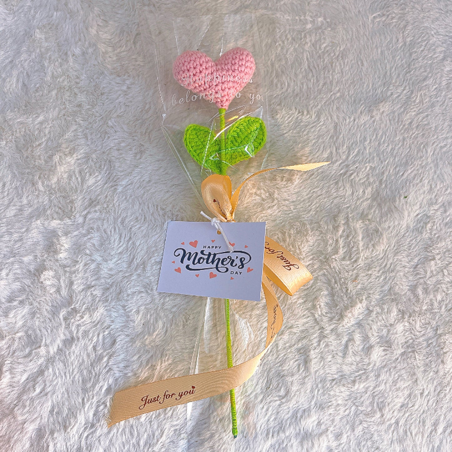 Handmade Crochet Heart Flower Bouquet in Clear Bag with Bow, Single Pink Rose Love Flower Gift, Customizable Greeting Card Included, Artificial Yarn Flowers for Mother's Day Valentine's Day, Allergy-Free Gift for Mom Wife Girlfriend, Table Decor - The Bloom Crafter