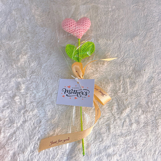 Handmade Crochet Heart Flower Bouquet in Clear Bag with Bow, Single Pink Rose Love Flower Gift, Customizable Greeting Card Included, Artificial Yarn Flowers for Mother's Day Valentine's Day, Allergy-Free Gift for Mom Wife Girlfriend, Table Decor - The Bloom Crafter