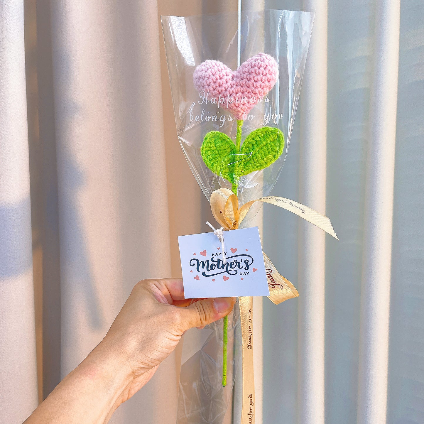 Handmade Crochet Heart Flower Bouquet in Clear Bag with Bow, Single Pink Rose Love Flower Gift, Customizable Greeting Card Included, Artificial Yarn Flowers for Mother's Day Valentine's Day, Allergy-Free Gift for Mom Wife Girlfriend, Table Decor - The Bloom Crafter