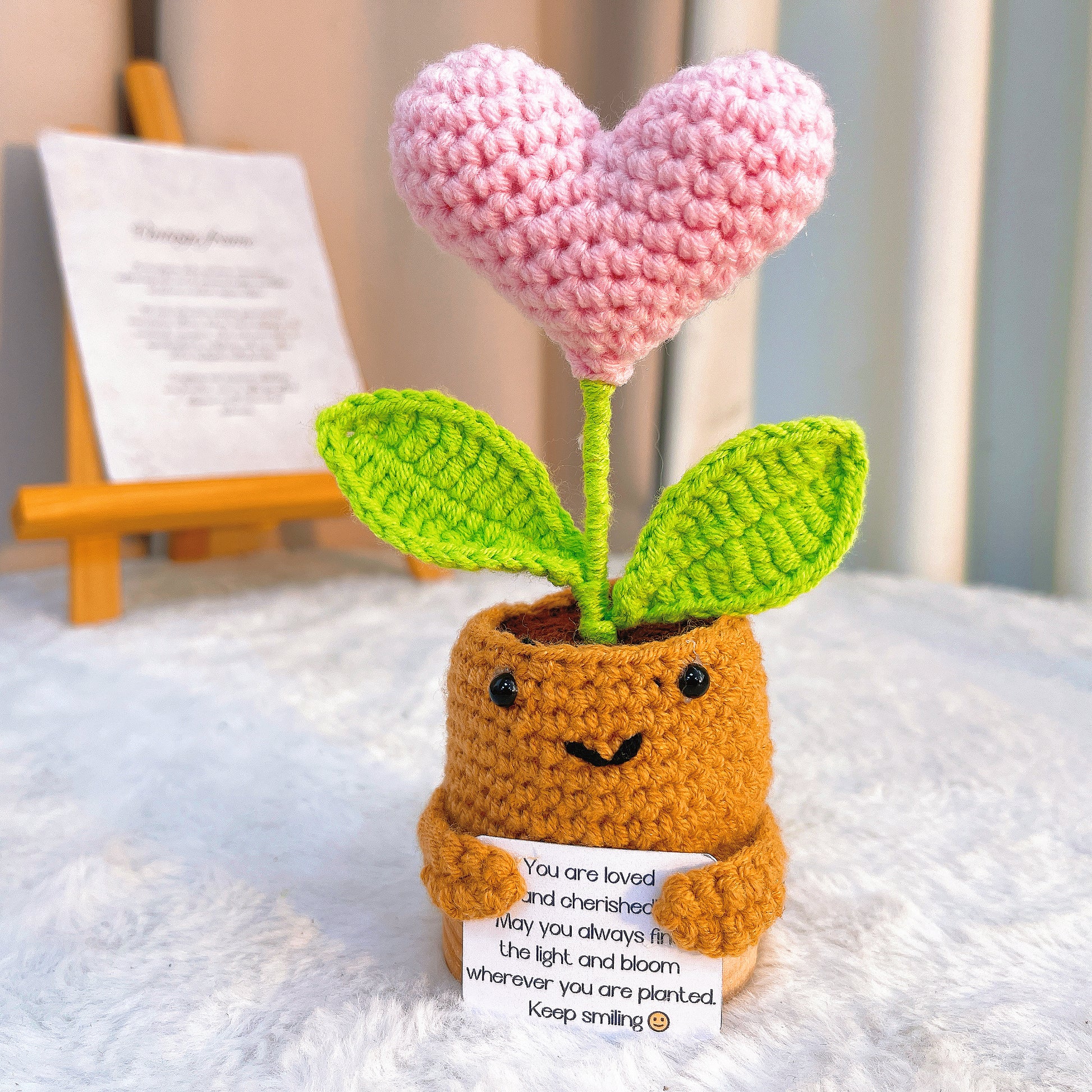 succulent gift message Hand Crochet Red Heart Succulent Plant in Pot - "You Are Loved"  Inspirational Message Card, Wooden Base, Customizable Colors (Pink, Purple,  Yellow)
