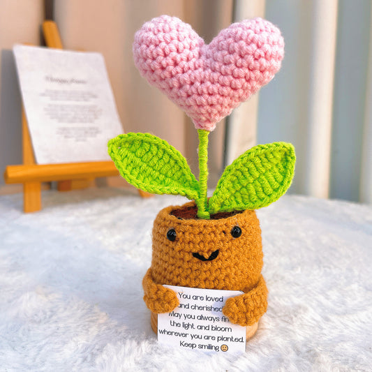 Hand Crochet Red Heart Succulent Plant in Pot - "You Are Loved" Inspirational Message Card, Wooden Base, Customizable Colors (Pink, Purple, Yellow) - Hypoallergenic Desk Decor, Valentine's Day Gift for Her, Girlfriend, Wife - The Bloom Crafter