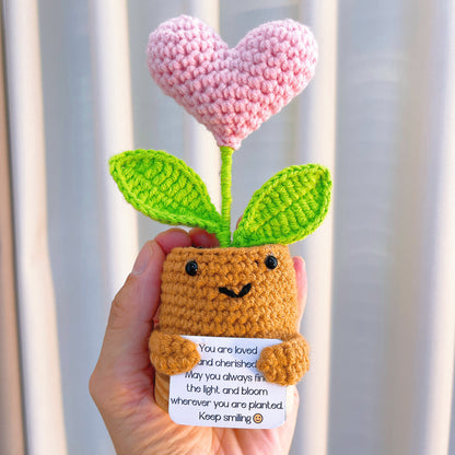 Hand Crochet Red Heart Succulent Plant in Pot - "You Are Loved" Inspirational Message Card, Wooden Base, Customizable Colors (Pink, Purple, Yellow) - Hypoallergenic Desk Decor, Valentine's Day Gift for Her, Girlfriend, Wife - The Bloom Crafter
