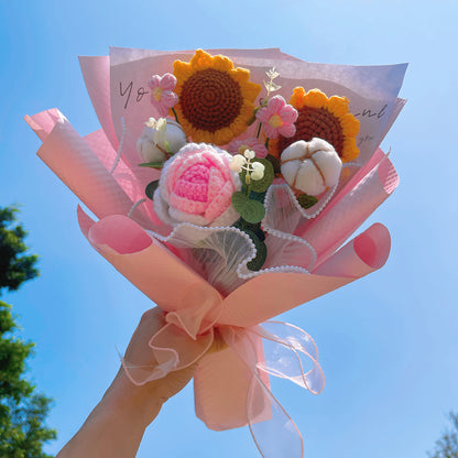 Whispering Petals: Handmade Crocheted Flower Bouquet - Pretty Pastel Pink - Sunflowers, Puffy Clouds, Cotton Ball Roses, and More - The Bloom Crafter