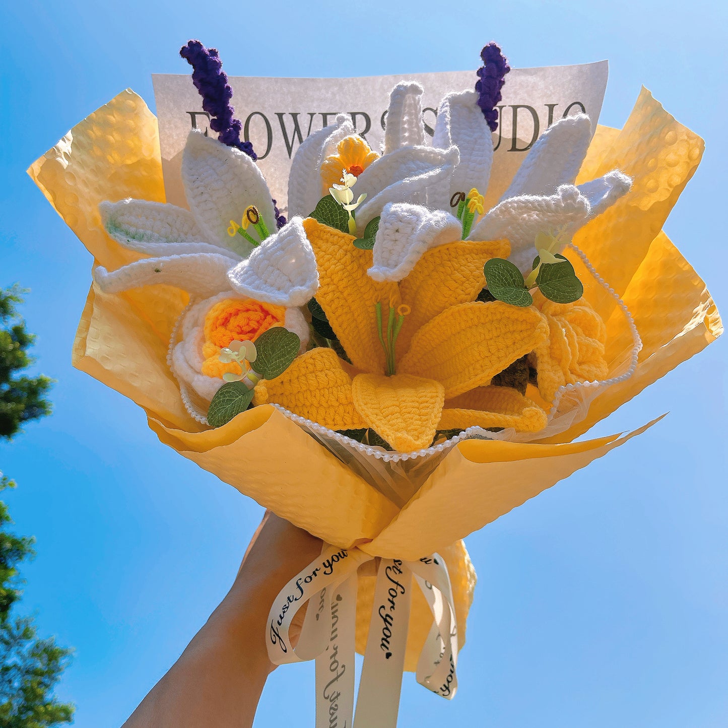 Gorgeous Hand-Crocheted Yellow Bouquet: Lily, Rose, Pom-Pom, and Lavender - The Bloom Crafter