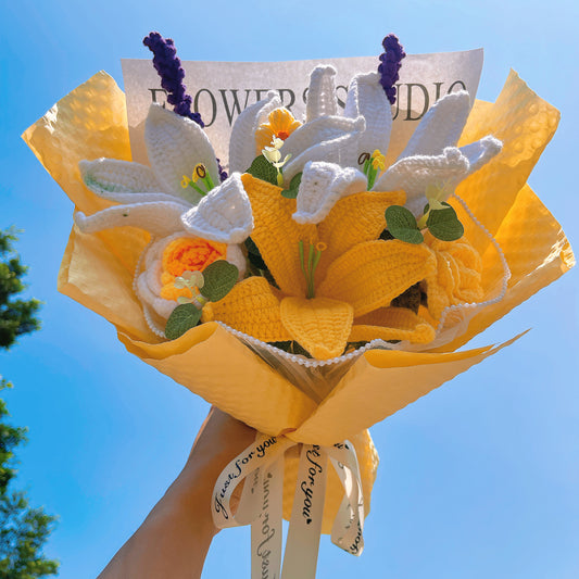 Gorgeous Hand-Crocheted Yellow Bouquet: Lily, Rose, Pom-Pom, and Lavender - The Bloom Crafter