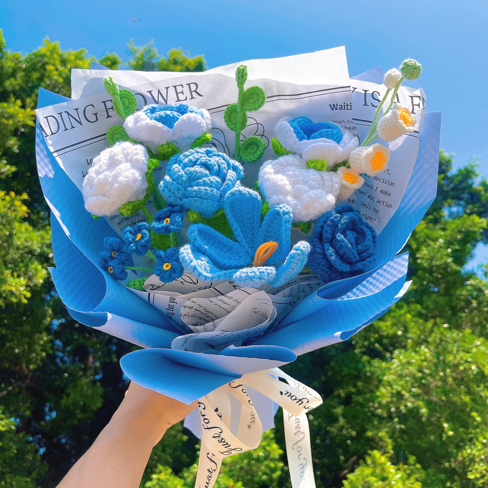 Handmade Crocheted Blue Flower Bouquet with Roses, Lilies, Eucalyptus, Tulips, and Forget-Me-Nots - The Bloom Crafter