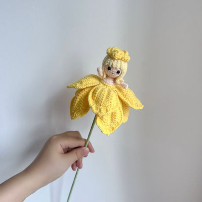 Crochet Bouquet with Transforming Fairy Princess Tulip, Handmade Flower Pink Peony Lavender Freesia Purple Tulip Yellow Dress Lady Flower, Allergy-Free Gift for Her Daughter Niece, Birthday Valentine's Day - The Bloom Crafter