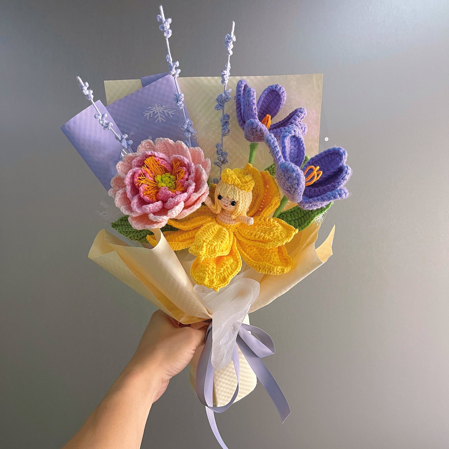 Crochet Bouquet with Transforming Fairy Princess Tulip, Handmade Flower Pink Peony Lavender Freesia Purple Tulip Yellow Dress Lady Flower, Allergy-Free Gift for Her Daughter Niece, Birthday Valentine's Day - The Bloom Crafter
