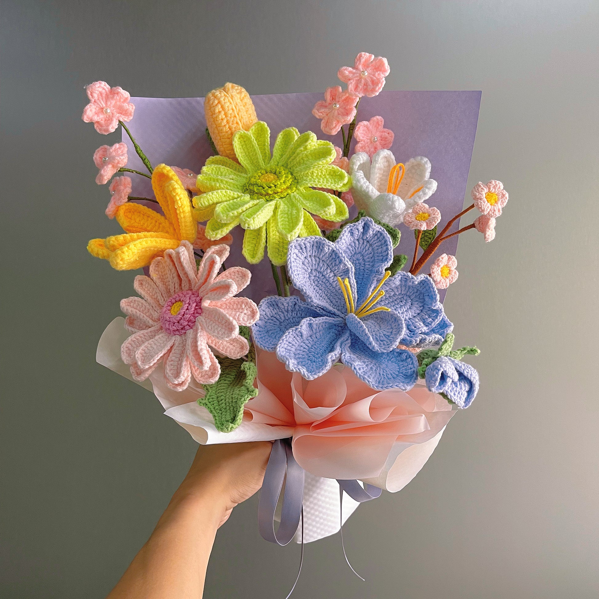 Handmade Crochet Flower Bouquet, Yellow & Pink African Daisies with Tulips Peach Blossom & Lisianthus, Realistic Faux Plant for Home Decor, Allergy-Free Gift for Her Mom Sister, Birthday Valentine's Day Spring Gift - The Bloom Crafter