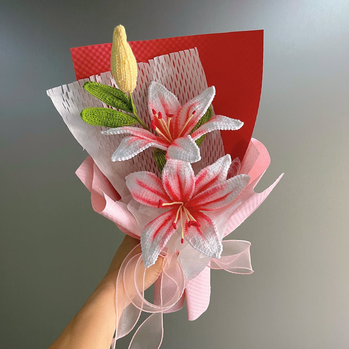 Crochet Double-Headed Lily Bouquet, Handmade Flower Home Decor, Allergy-Free Gift for Her Mom Wife, Birthday Anniversary Get Well Soon - The Bloom Crafter