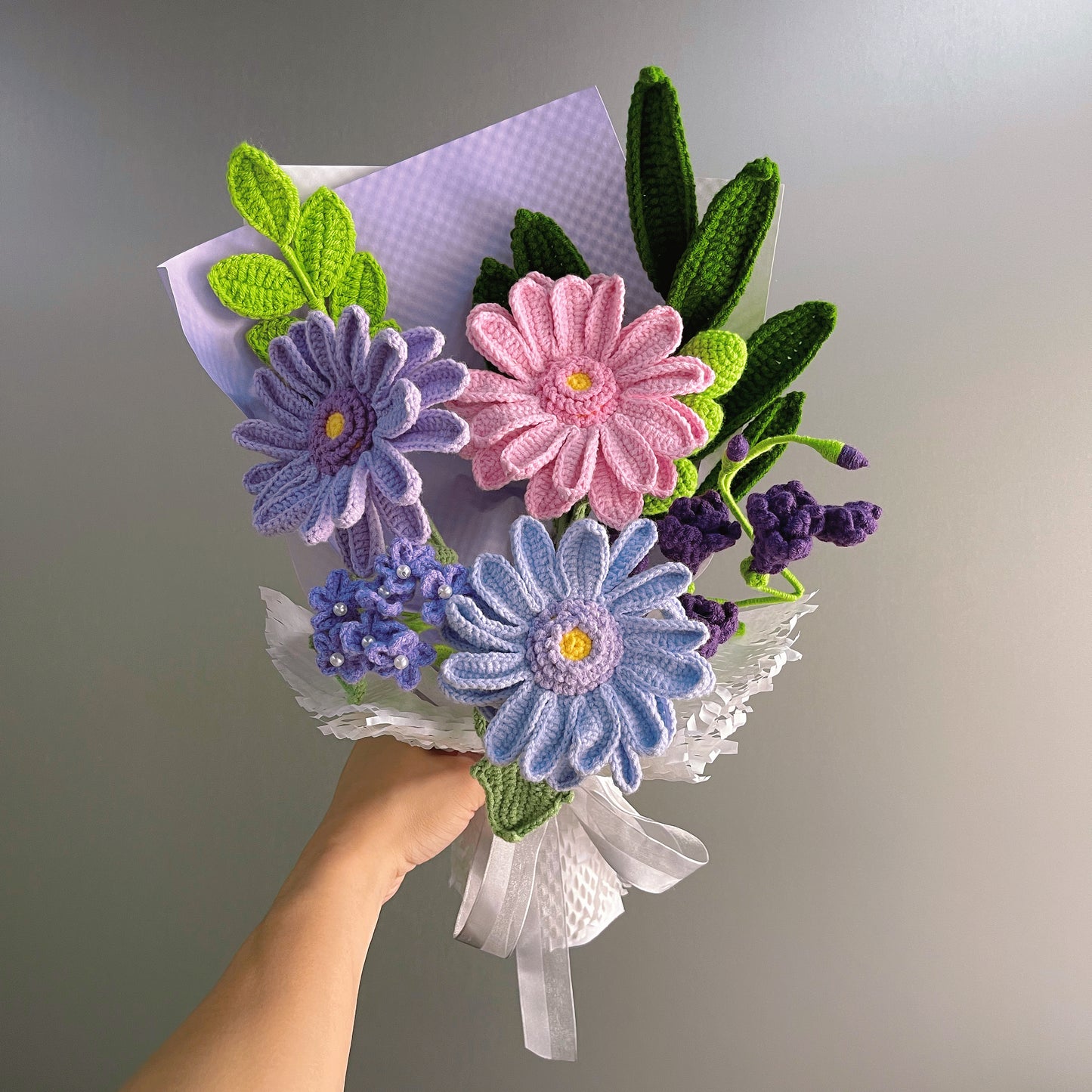 Handmade Crochet Purple African Daisies Wildflower Bouquet, Home Decor, Allergy-Free Gift for Her Mom Friend, Birthday Sympathy Thinking of You - The Bloom Crafter