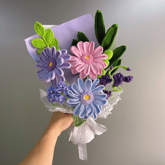 Handmade Crochet Purple African Daisies Wildflower Bouquet, Home Decor, Allergy-Free Gift for Her Mom Friend, Birthday Sympathy Thinking of You - The Bloom Crafter