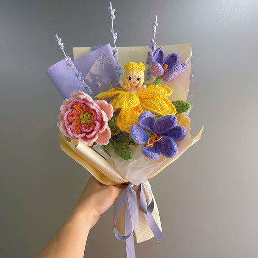 Crochet Bouquet with Transforming Fairy Princess Tulip, Handmade Flower Pink Peony Lavender Freesia Purple Tulip Yellow Dress Lady Flower, Allergy-Free Gift for Her Daughter Niece, Birthday Valentine's Day - The Bloom Crafter