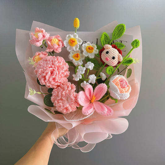 Handmade Crocheted Cute Piggy Bouquet: Rose, Tulip, Daffodil, Carnation, Greenery and More - The Bloom Crafter