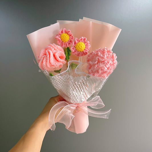 Hanaya Series Handmade Pink Theme Carnations Crochet Bouquet - Hypoallergenic Everlasting Floral Arrangement Mother's Day Gift Set - The Bloom Crafter