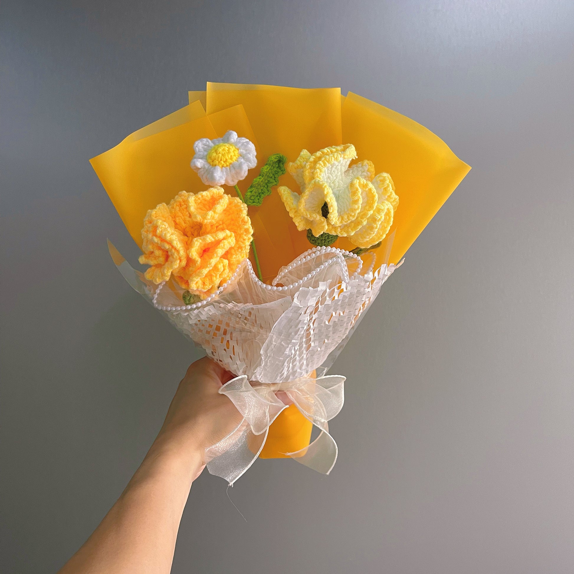 Hanaya Series Handmade Yellow Theme Carnations Crochet Bouquet - Hypoallergenic Everlasting Floral Arrangement Graduation Birthday Mother's Day Gift Set - The Bloom Crafter