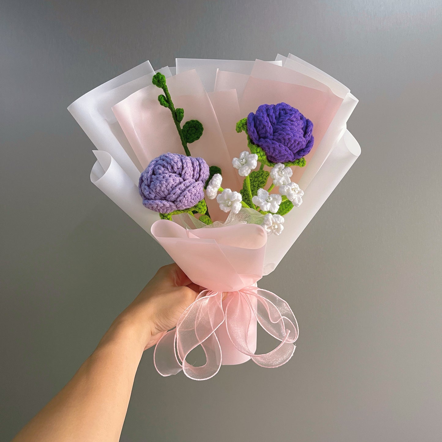 Hanaya Series Handmade Crochet Lavender Rose Bouquet - Ready-to-Gift Hypoallergenic Everlasting Floral Arrangement Allergy-Free Artificial Flowers Graduation - The Bloom Crafter