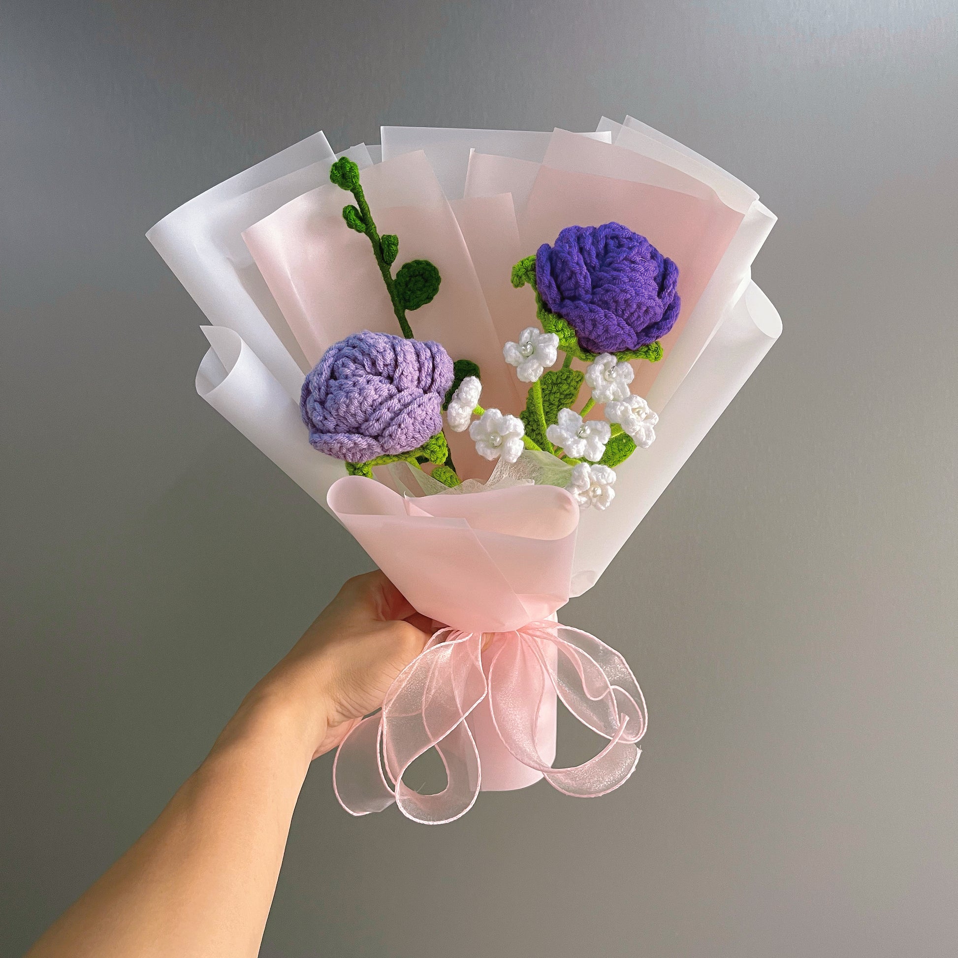 Hanaya Series Handmade Crochet Lavender Rose Bouquet - Ready-to-Gift Hypoallergenic Everlasting Floral Arrangement Allergy-Free Artificial Flowers Graduation - The Bloom Crafter