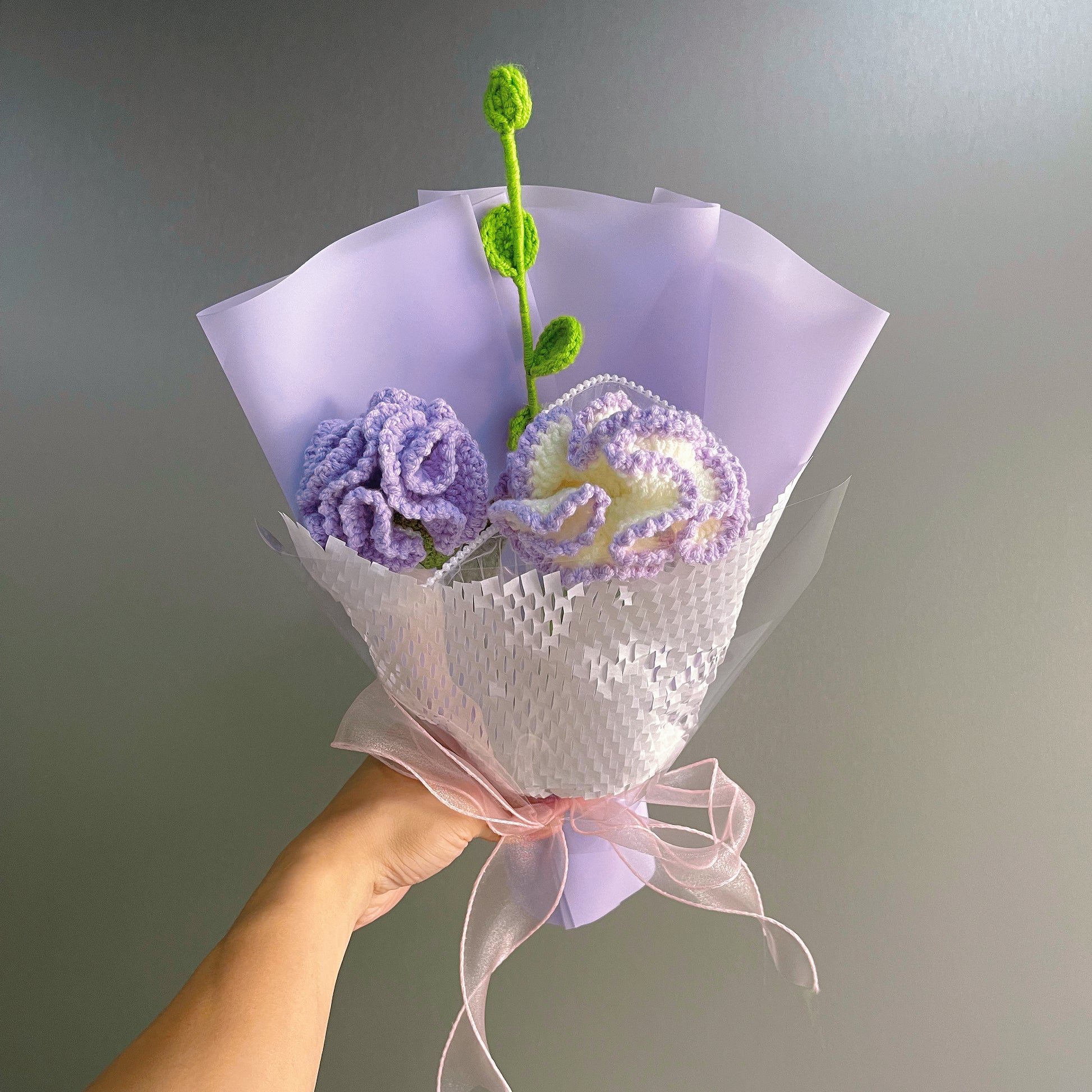 Hanaya Series Handmade Purple Theme Carnations Crochet Bouquet - Hypoallergenic Everlasting Floral Arrangement Mother's Day Gift Set - The Bloom Crafter