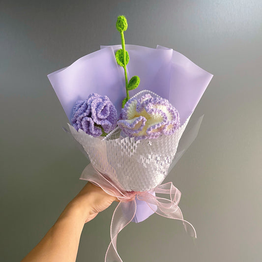 Hanaya Series Handmade Purple Theme Carnations Crochet Bouquet - Hypoallergenic Everlasting Floral Arrangement Mother's Day Gift Set - The Bloom Crafter