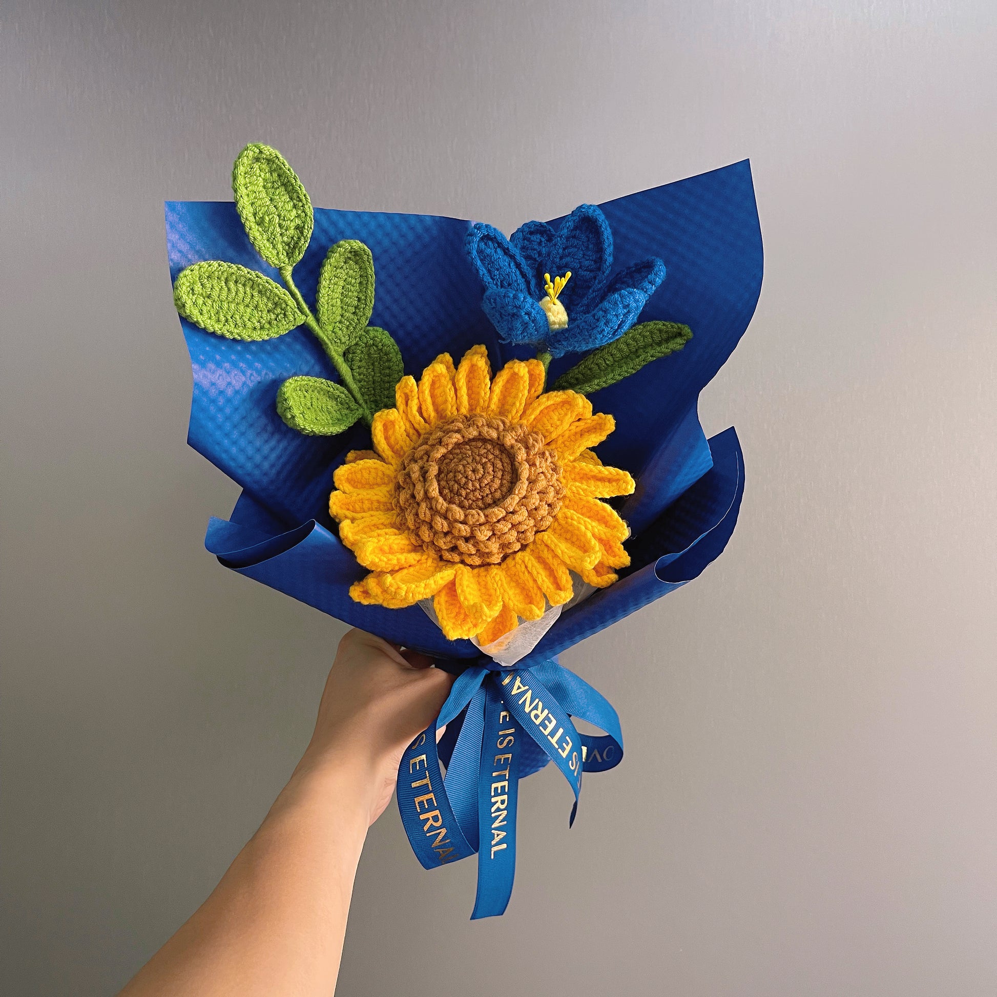 Hanaya Series Handmade Blue Theme Sunflower Crochet Bouquet – Hypoallergenic Forever Floral Gift, DIY Knitted Wedding, Birthday, Anniversary - The Bloom Crafter